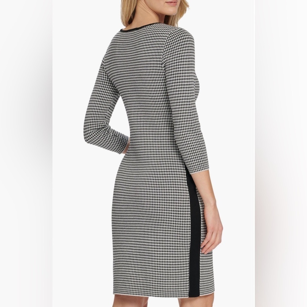 DKNY Long Sleeve Monochrome Houndstooth Pocket Sweater Mini Dress NWT L - Picture 4 of 12